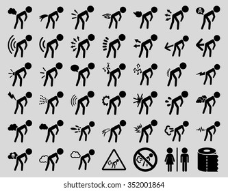 Stink sick children vector icon collection. Style is flat symbols, black color, rounded angles, light gray background.