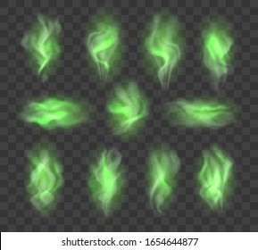 Stink smoke. Green chemical smokes effect isolated on transparent background, bad smell or fart gas, vector perspiration sweat stench or toxic fog stink, poisonous scent aroma