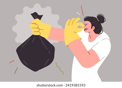 Stinking bag of garbage in hands of woman disgusted by unpleasant smell of missing organic waste. Hotel maid throws out large bag of garbage using protective gloves to avoid contamination.