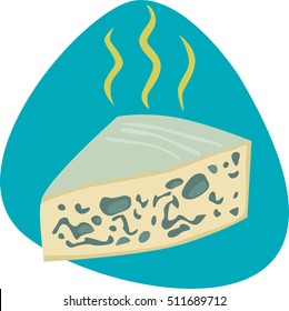 Stinky cheese with blue mold. Isolated symbol. On aquamarine background.