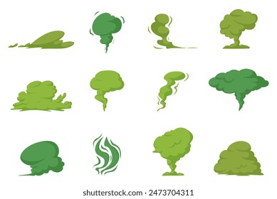 Stinky clouds. Green bad smell effects. Isolated rotting, stinking, spoiled food toxic fumes and fog. Cartoon different vapor nowaday vector icons