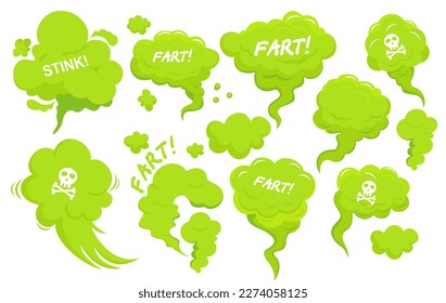 Stinky clouds set. Green fart. Collection of graphic elements for website. Steam chemicals smoke. Scent garbage odor effect. Smell cloud toxic. Cartoon flat vector isolated on white background