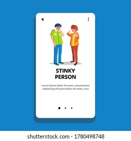 Stinky Person And People Pinching Nose Vector. Man And Woman Pinch Face With Fingers And Close Eyes Because Stinky Person. Characters Shocked Unpleasant Smell Web Flat Cartoon Illustration