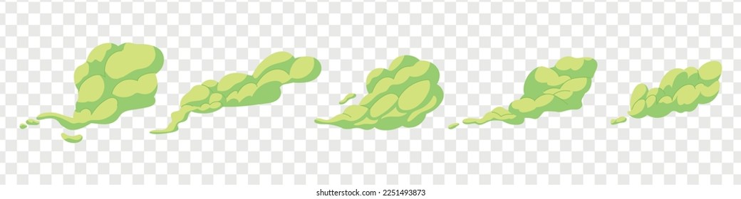 Stinky smoke samples set. Green smelly toxic clouds in cartoon style. Bad aroma stench. Vector isolated illustration