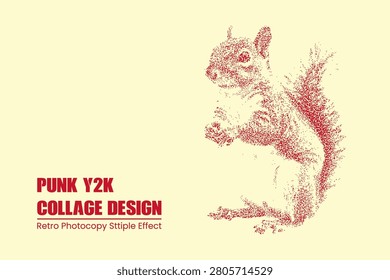 Stipple art illustration of a squirrel in red ink on a light cream background, retro punk y2k collage style graphic design element