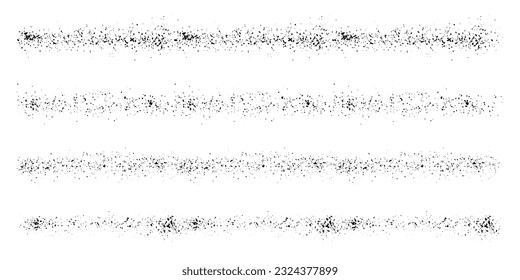 Stipple Brush Set, Spray Paint Collection. Grunge Texture Stroke. Line Splatter. Spatter, Halftone Brushstroke. Black Stripe Splash Effect. Abstract Design Element. Isolated Vector Illustration.