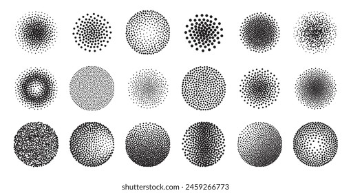 Pinceles puntiagudos. Patrones punteados de semitonos redondos, Elementos radiales de grabado punteado para pinceles artísticos. Gradiente de grunge punteado de grano, manchas salpicadas conjunto de Vector. Forma geométrica