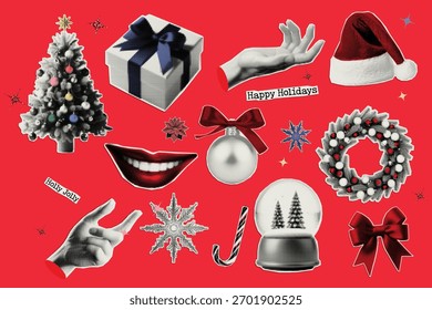 Navidades Stipple y Elementos de Nuevo año: pegatinas punteadas de Antiguas con textura de brillo dorado, Vector de collage retro para diseño de Festiva