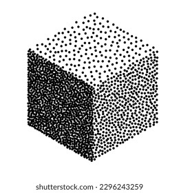 Pintura de tinta de cubo rígida. Cubo de pointillismo de geometría asfixiante. Aislado sobre blanco