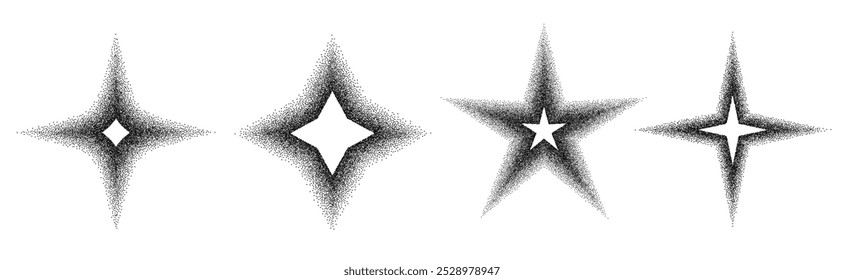 Stipple dots halftone grainy gradient star set. Vector elements collection for Christmas or New Year decor isolated on transparent background
