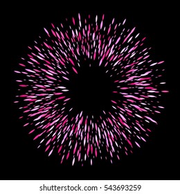Textura de semitono con puntos. Plantilla de fondo de anillo redondo brillante de lentejuelas ovales afiladas rosadas. Fuegos artificiales reventaron la Ilustración vectorial. Bueno para el diseño de publicidad de Anuncio de carteles de lujo.