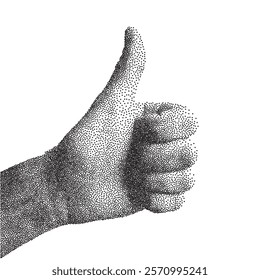 Stipple dotted hand showing like for trendy y2k retro collage. Vector textured photocopy effect male arm with finger up