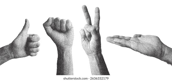 Stipple dotted human hands set. Vector textured photocopy effect male fist, peace, like, holding gestures for trendy y2k retro collages