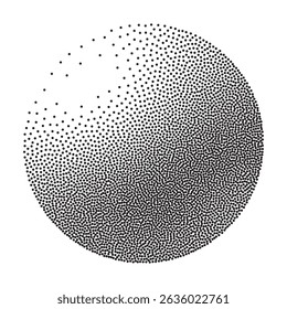 Stipple dotted sphere shape. Grainy noise halftone 3d circle vector graphic, element