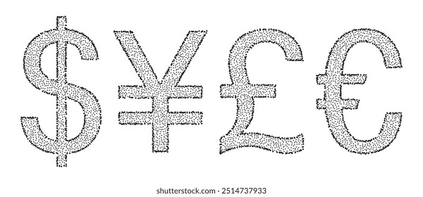 Efecto de Stipple punteado signos de moneda de dólar, euro, libra, yen sobre fondo blanco.