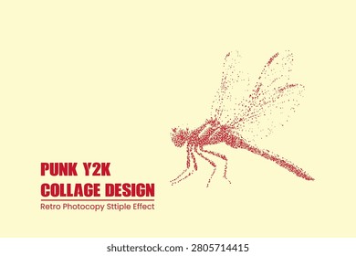 Stipple effect dragonfly illustration, red dot art design on cream background, y2k aesthetic graphic, punk style retro photocopy texture