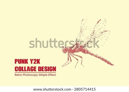 Stipple effect dragonfly illustration, red dot art design on cream background, y2k aesthetic graphic, punk style retro photocopy texture