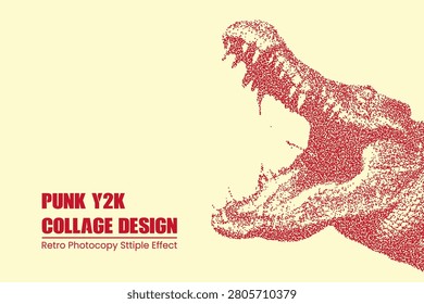 Stipple effect illustration of a crocodile head with open jaws, red dot art style on a light cream background, punk y2k aesthetic graphic design
