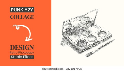Stipple effect illustration of a makeup palette with an applicator brush, vintage dot art style, retro aesthetic graphic design element
