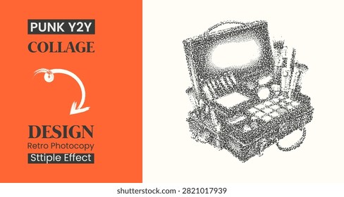 Stipple effect illustration of a vintage makeup kit or cosmetic case, retro y2k aesthetic design element with dot shading technique