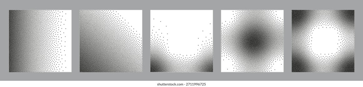 Conjunto de textura de efecto de punteado con degradado suave. Fondos blancos granulados, patrones de puntos semitonos y superposiciones de partículas polvorientas para proyectos creativos.