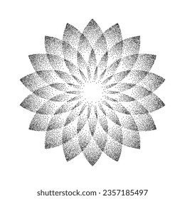 Stipple flower background. Dotted mandala ornament. Noise grain shape. Abstract black floral petals decoration. Radial dotwork pattern design for tattoo, poster, clothes, badge, sticker. Vector