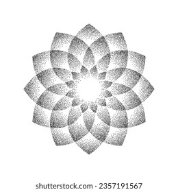 Stipple flower background. Dotted mandala ornament. Noise grain flower shape. Abstract black floral petals decoration. Radial dotwork pattern design for poster, tattoo, badge, sticker. Vector