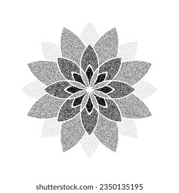 Stipple flower background. Dotted ornament mandala. Noise grain star shape. Abstract black floral petals decoration. Dotwork radial pattern design for tattoo, poster, clothes, badge, sticker. Vector