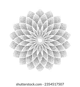 Stipple flower background. Dotted ornament mandala. Noise grain shape. Pixel black floral petals decoration. Radial dotwork pattern design for poster, clothes, badge, sticker, cover. Vector