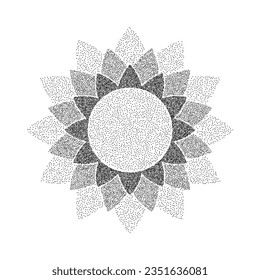 Stipple flower shape background. Dotted ornament mandala. Noise grain star form. Abstract floral petals decoration. Dotwork radial pattern design for tattoo, poster, clothes, badge, sticker. Vector