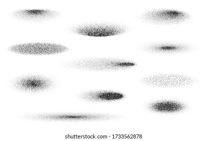 Stipple gradient oval shadow set, stippling hatching technique shadow effect vector illustration, various round halftone dot gradient bottom shadows isolated on white