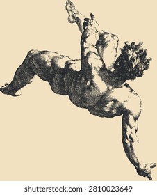 Stipple illustration of a muscular man in a dynamic tumbling pose