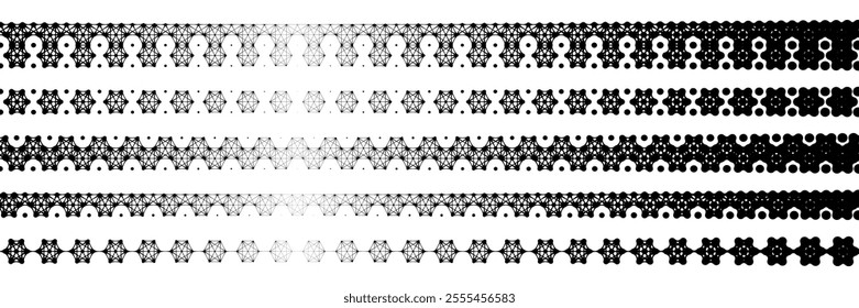 Stipple metaball, organic molecular border pattern. Pixel dots connected to hexagon shape tech frame. Half tone gradient with disperse fade texture. Oval bubble circles, organic line of particle atoms