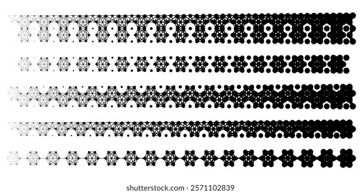 Stipple metaball, organic molecular border pattern. Pixel dots connected to hexagon shape tech frame. Half tone gradient with disperse fade texture. Oval bubble circles, organic line of particle atoms