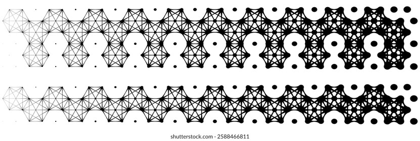 Stipple metaball, organic molecular border pattern. Pixel dots connected to hexagon shape tech frame. Half tone gradient with disperse fade texture. Oval bubble circles, organic line of particle atoms