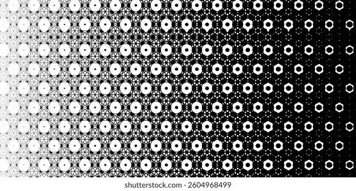 Stipple metaball, organic molecular border pattern. Pixel dots connected to hexagon shape tech frame. Half tone gradient with disperse fade texture. Oval bubble circles, organic line of particle atoms