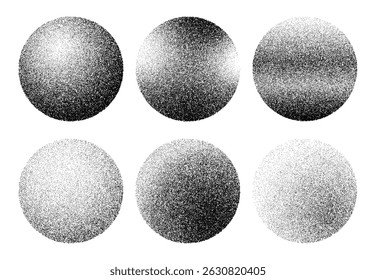 Stipple noise grain sphere shapes with gradient dot pattern, abstract vector background. Stipple noise grain spheres with sand spray effect of brush, round shapes with white and black shadow halftone
