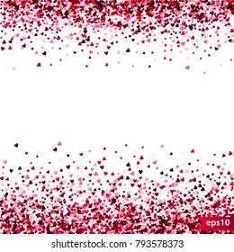 Stipple pattern for design. Colorful minimalistic geometric pattern with randomly located small hearts. Red heart glitter background. Gradually changing density backdrop with red and pink hearts