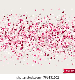 Stipple pattern for design. Colorful minimalistic geometric pattern with randomly located small hearts. Red heart glitter background. Gradually changing density backdrop with red and pink hearts