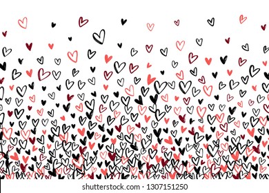 Stipple pattern for design. Gradually changing density backdrop with red, black and pink hand drawn hearts. Romantic texture.