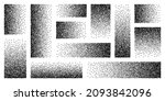 Stipple pattern, dotted rectangular design elements. Stippling, dotwork drawing, shading using dots. Pixel disintegration, random halftone effect. White noise grainy texture. Vector illustration