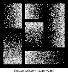 Stipple pattern, dotted rectangular design elements. Stippling, dotwork drawing, shading using dots. Pixel disintegration, random halftone effect. White noise grainy texture. Vector illustration