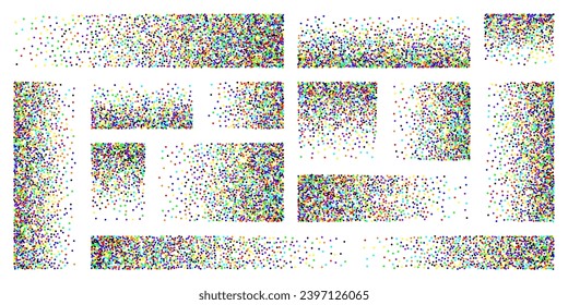 Stipple pattern, dotted rectangular design elements. Stippling, dotwork drawing, shading using dots. Pixel disintegration, random halftone effect. Colored noise grainy texture. Vector illustration