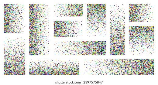 Stipple pattern, dotted rectangular design elements. Stippling, dotwork drawing, shading using dots. Pixel disintegration, random halftone effect. Colored noise grainy texture. Vector illustration