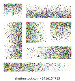 Stipple pattern, dotted rectangular design elements. Stippling, dotwork drawing, shading using dots. Pixel disintegration, random halftone effect. Colored noise grainy texture. Vector illustration