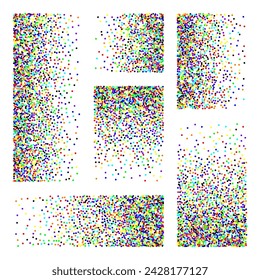 Stipple pattern, dotted rectangular design elements. Stippling, dotwork drawing, shading using dots. Pixel disintegration, random halftone effect. Colored noise grainy texture. Vector illustration