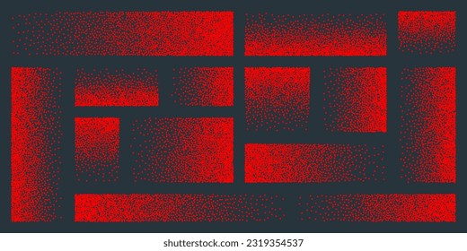 Stipple pattern, red dotted rectangular design elements. Stippling, dotwork drawing, shading using dots. Pixel disintegration, random halftone effect. White noise grainy texture. Vector illustration