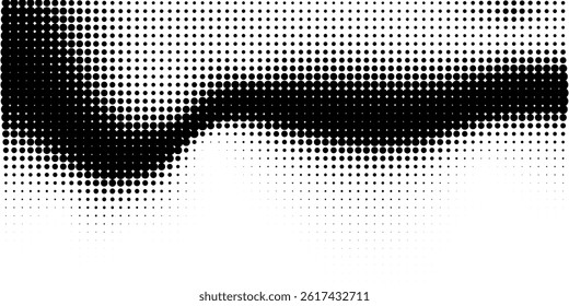 Stipple pointillism texture. Sand, grain gradient. Abstract black halftone wavy circles composed of various dots on transparent background. Geometric vector pattern for banner, card, comic book