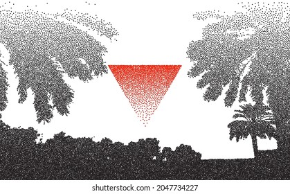 Stipple retro palms dotwork triangle. Palm tree beach vector background. Dotwork nature landscape. Vector illustration.