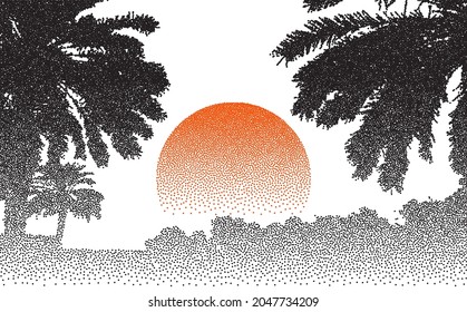 Stipple retro palms sunset. Palm tree beach vector background. Dotwork nature landscape. Vector illustration.
